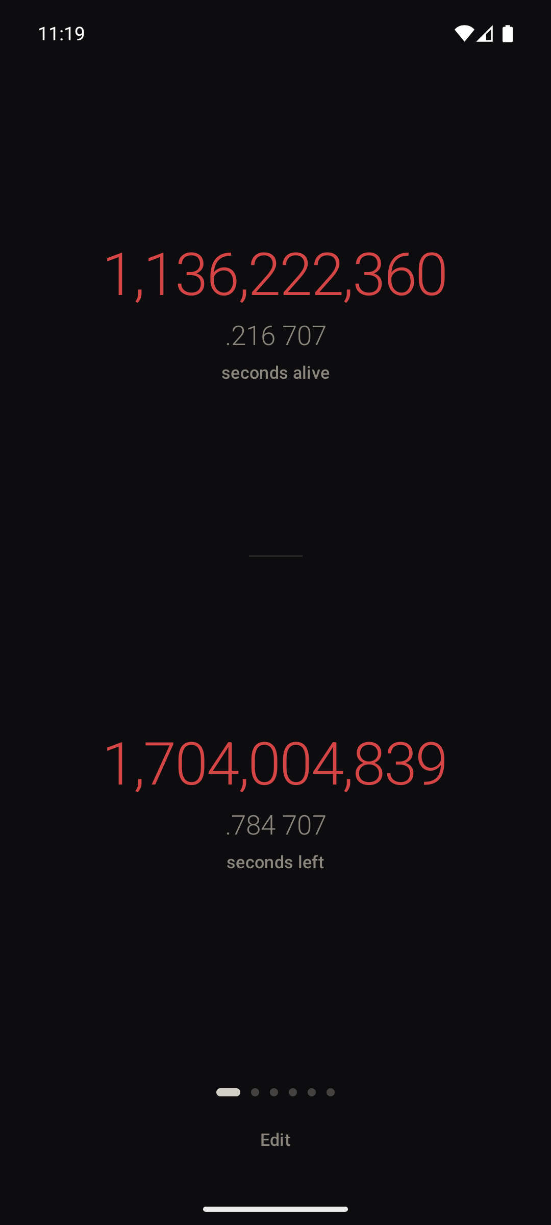 Mortal app showing seconds alive above a seam and seconds left below it, as split-flap tiles